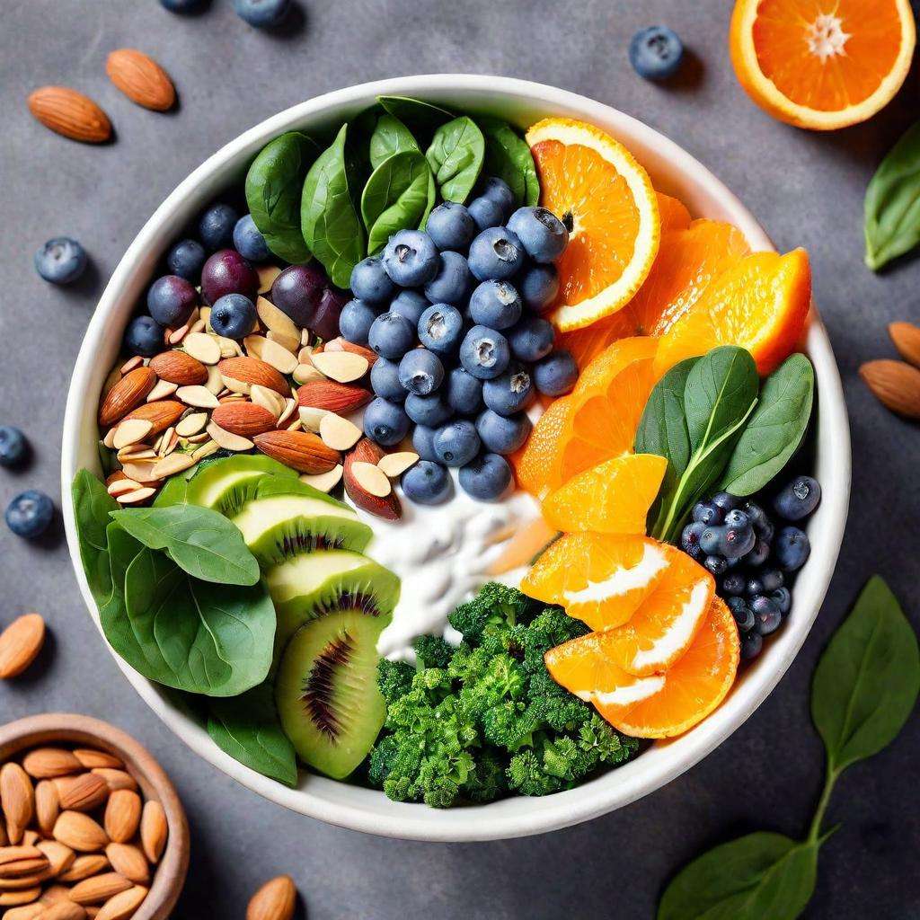 A colorful superfood bowl filled with blueberries, spinach, citrus fruits, almonds, broccoli, and yogurt on a rustic wooden table