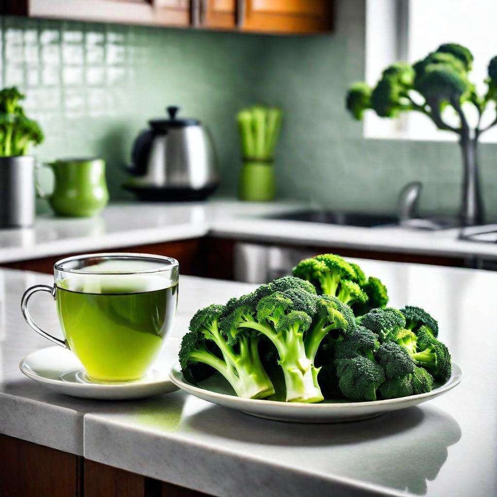 A cup of steaming green tea next to a bunch of fresh broccoli on a kitchen counter.