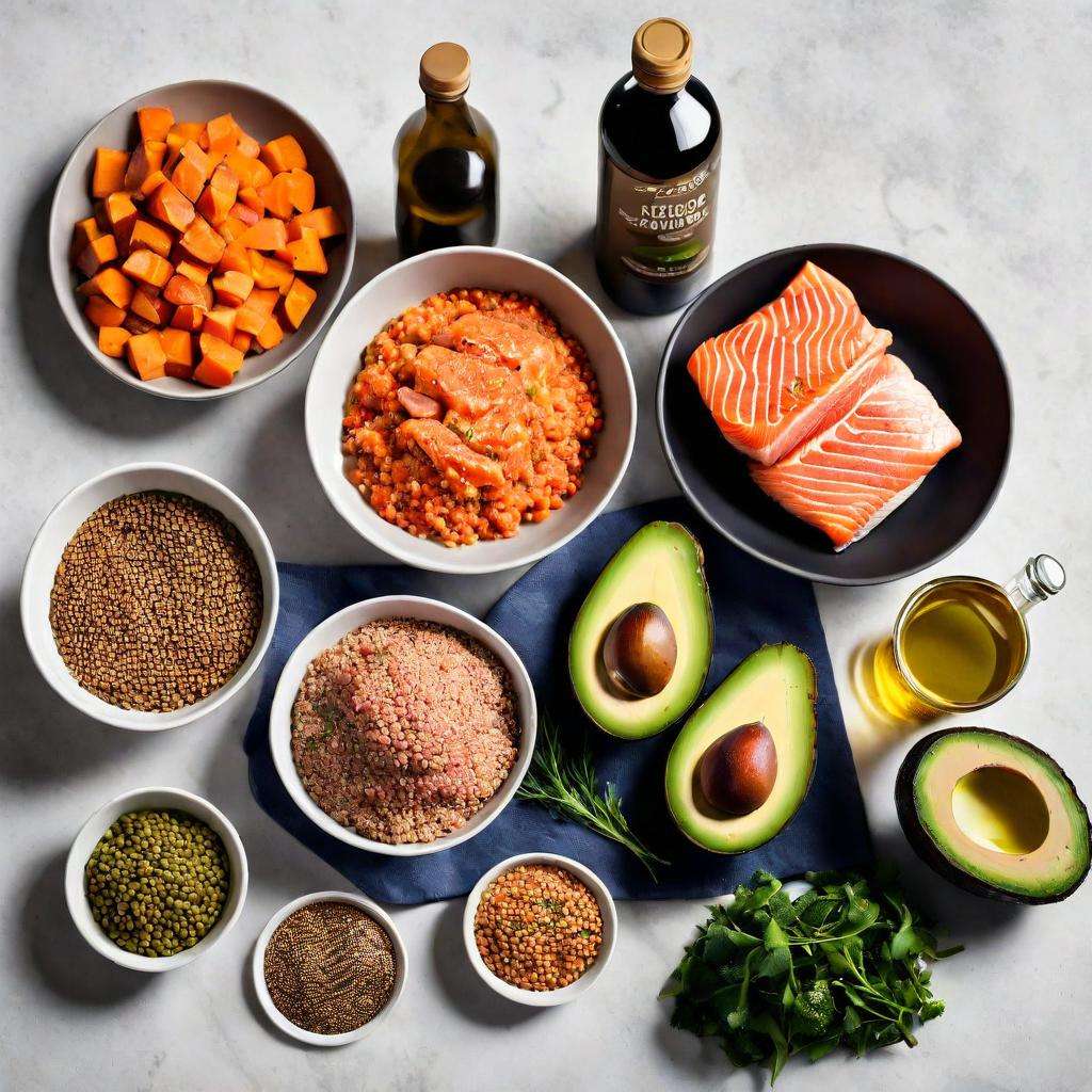 A variety of muscle-building foods including chicken breast, salmon, lentils, quinoa, sweet potatoes, avocados, and olive oil on a kitchen counter.