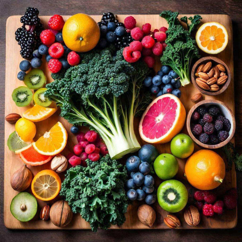 Assortment of detoxifying fruits and vegetables including kale, berries, citrus fruits, and nuts on a wooden cutting board.