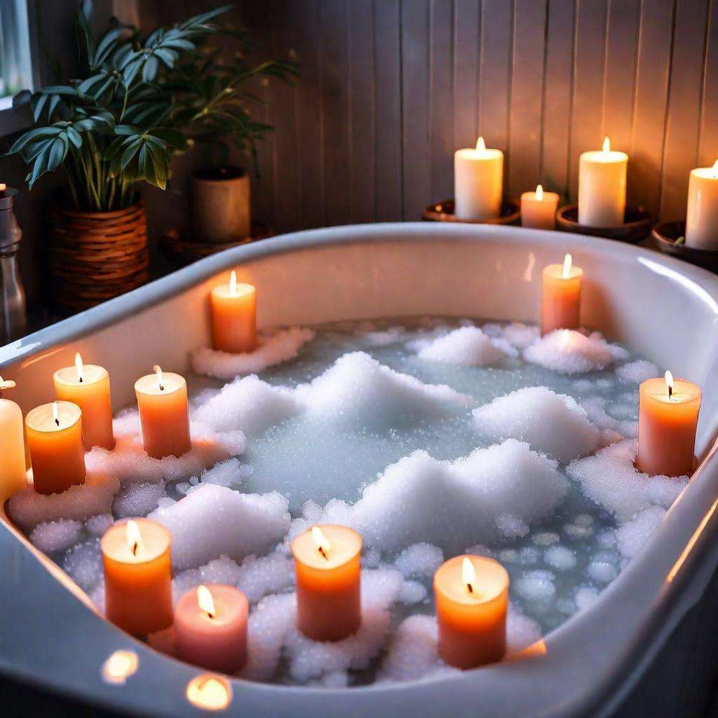 Bathtub filled with warm water and Epsom salts, accompanied by candles and essential oils for a detoxifying bath experience.