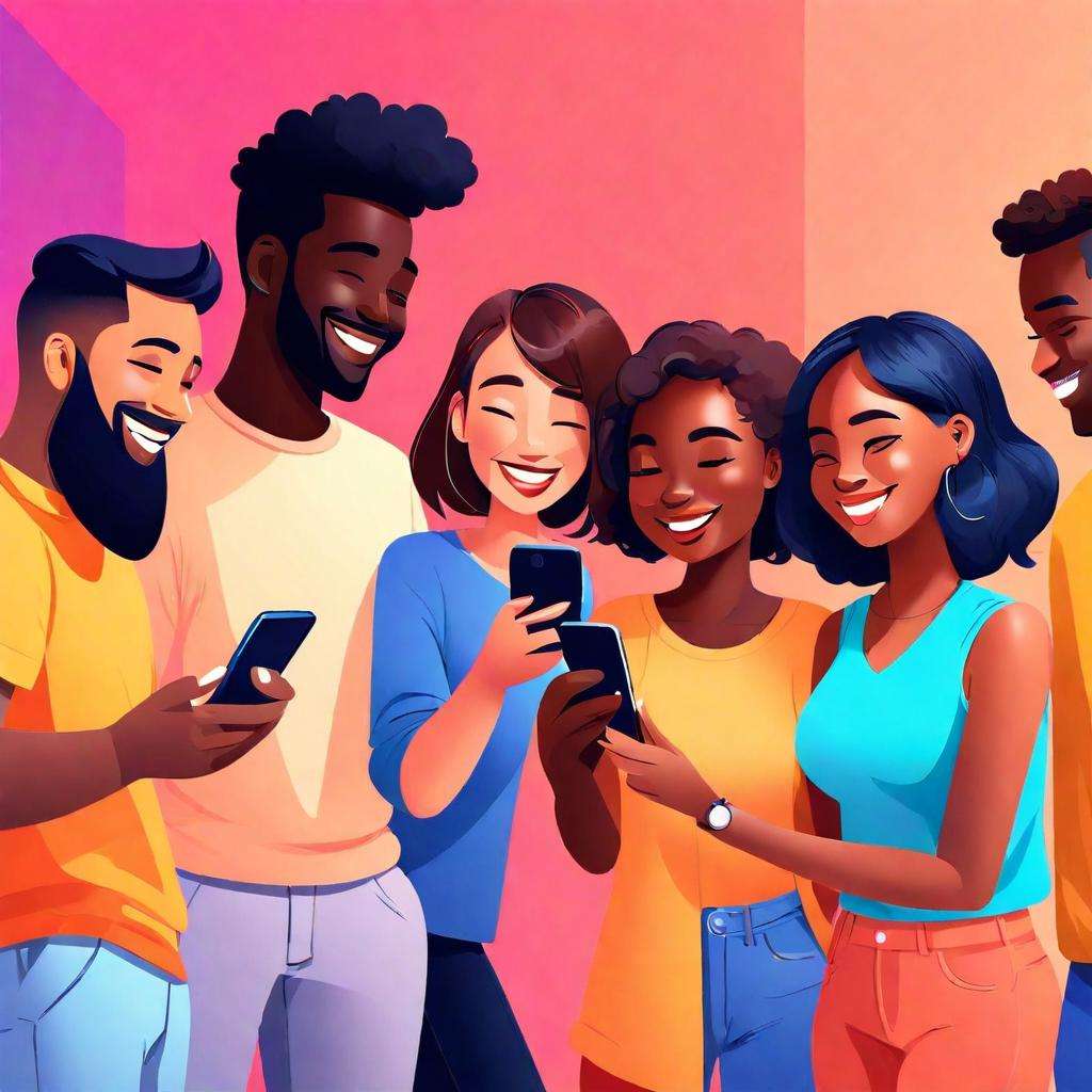 Diverse group of people using dating apps on smartphones in a vibrant setting.
