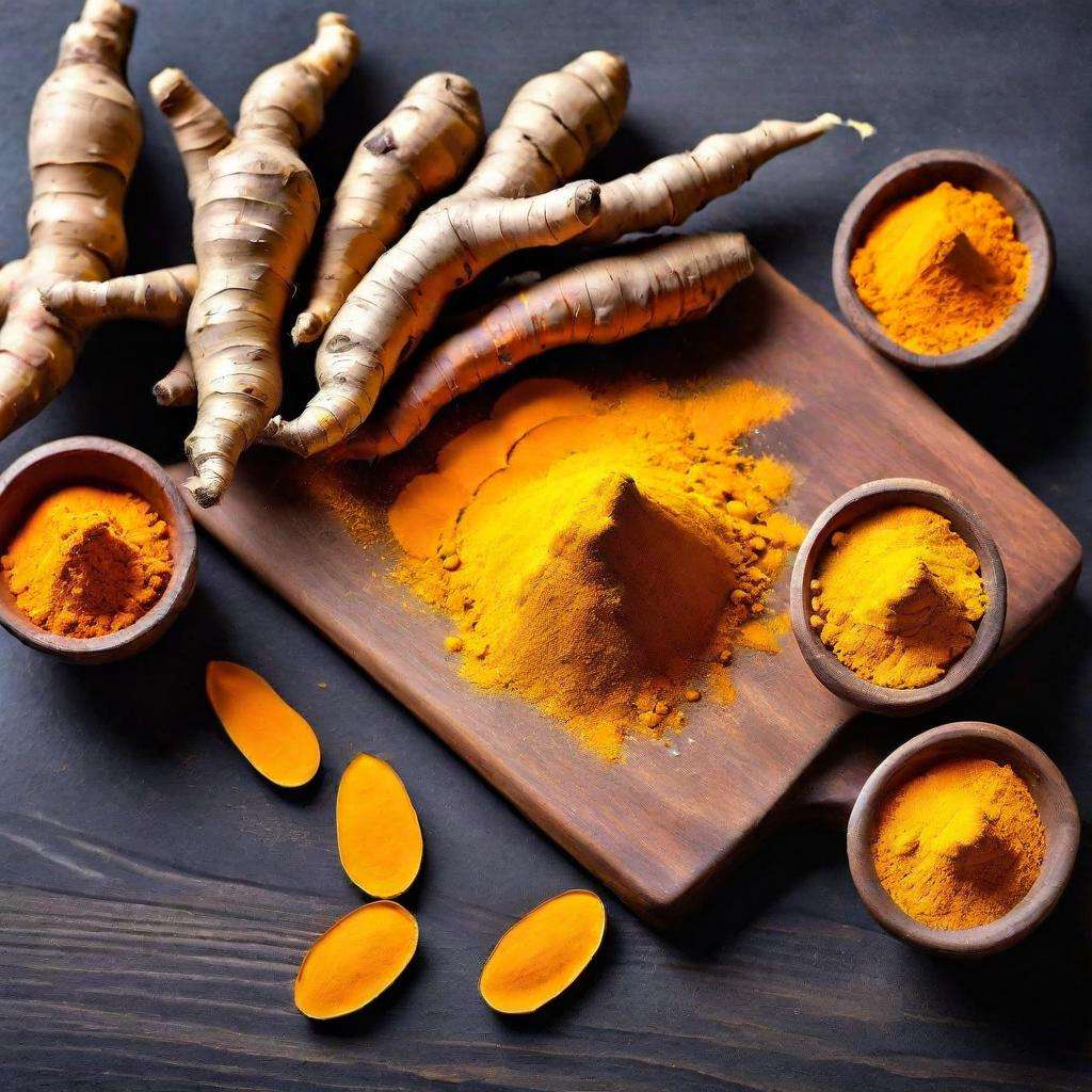 Fresh turmeric roots and turmeric powder on a kitchen counter.