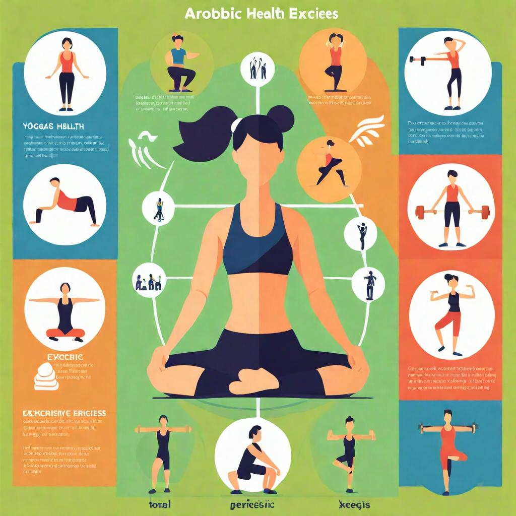 Infographic showing benefits of aerobic exercise, strength training, and yoga on mental health, with icons and text.