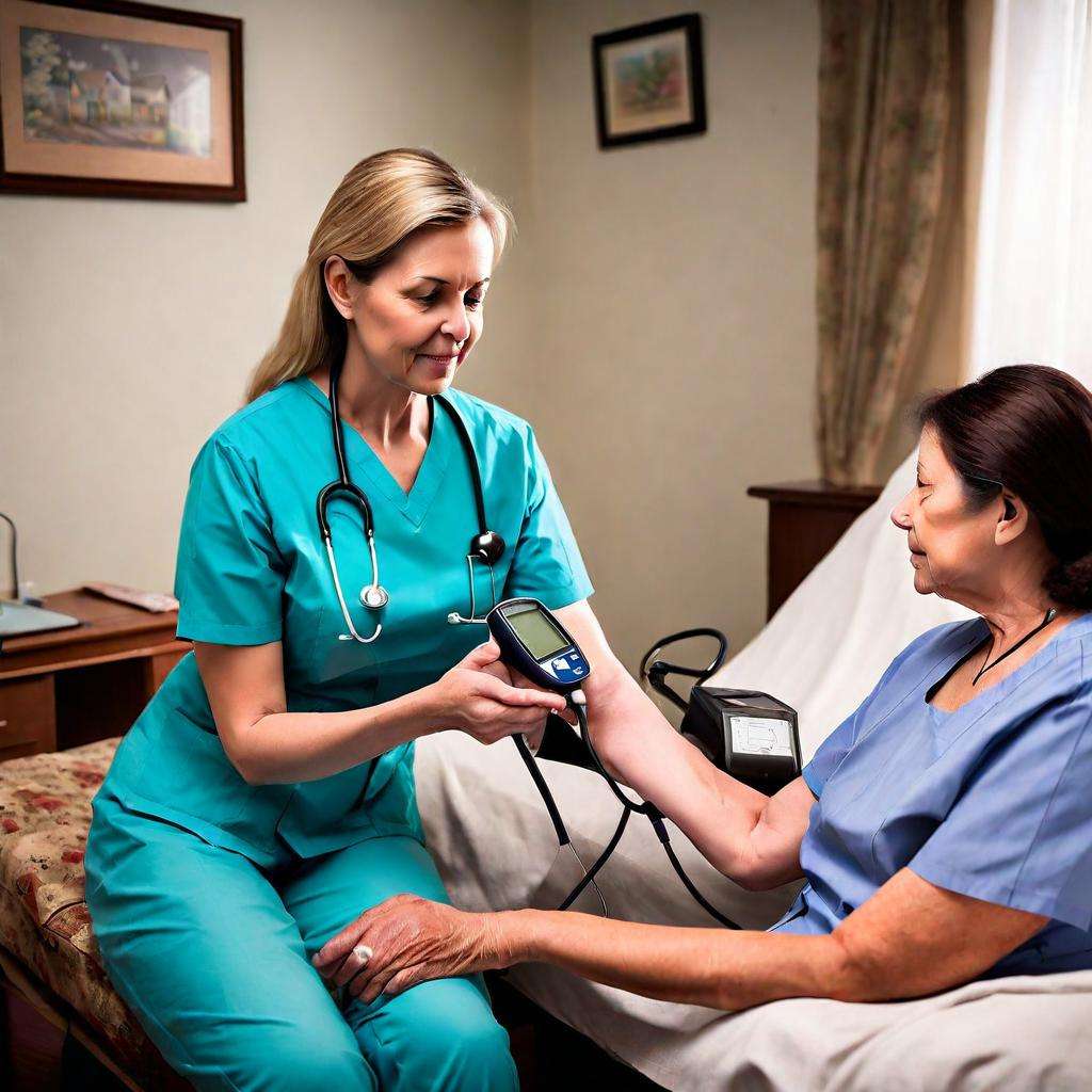 A skilled nurse checks a patient's blood pressure in a comfortable living room. The nurse, wearing a professional uniform, is focused and caring, while the patient sits relaxed on a couch. The room is well-lit with natural light, featuring cozy decor that emphasizes a home environment.