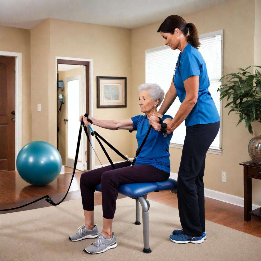 A physical therapist assists a patient with rehabilitation exercises in a home setting. The therapist, dressed in casual medical attire, guides the patient in using a resistance band. The patient, in comfortable workout clothes, is focused on the exercise. The living room is bright and cozy, with exercise equipment like a balance ball and yoga mat visible, highlighting a supportive and encouraging interaction.