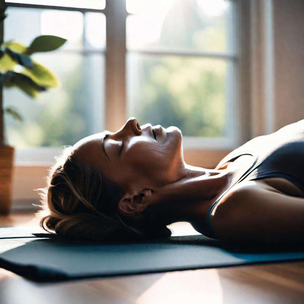 Person lying on a yoga mat indoors with eyes closed, practicing body scan meditation in a minimalist, serene setting.
