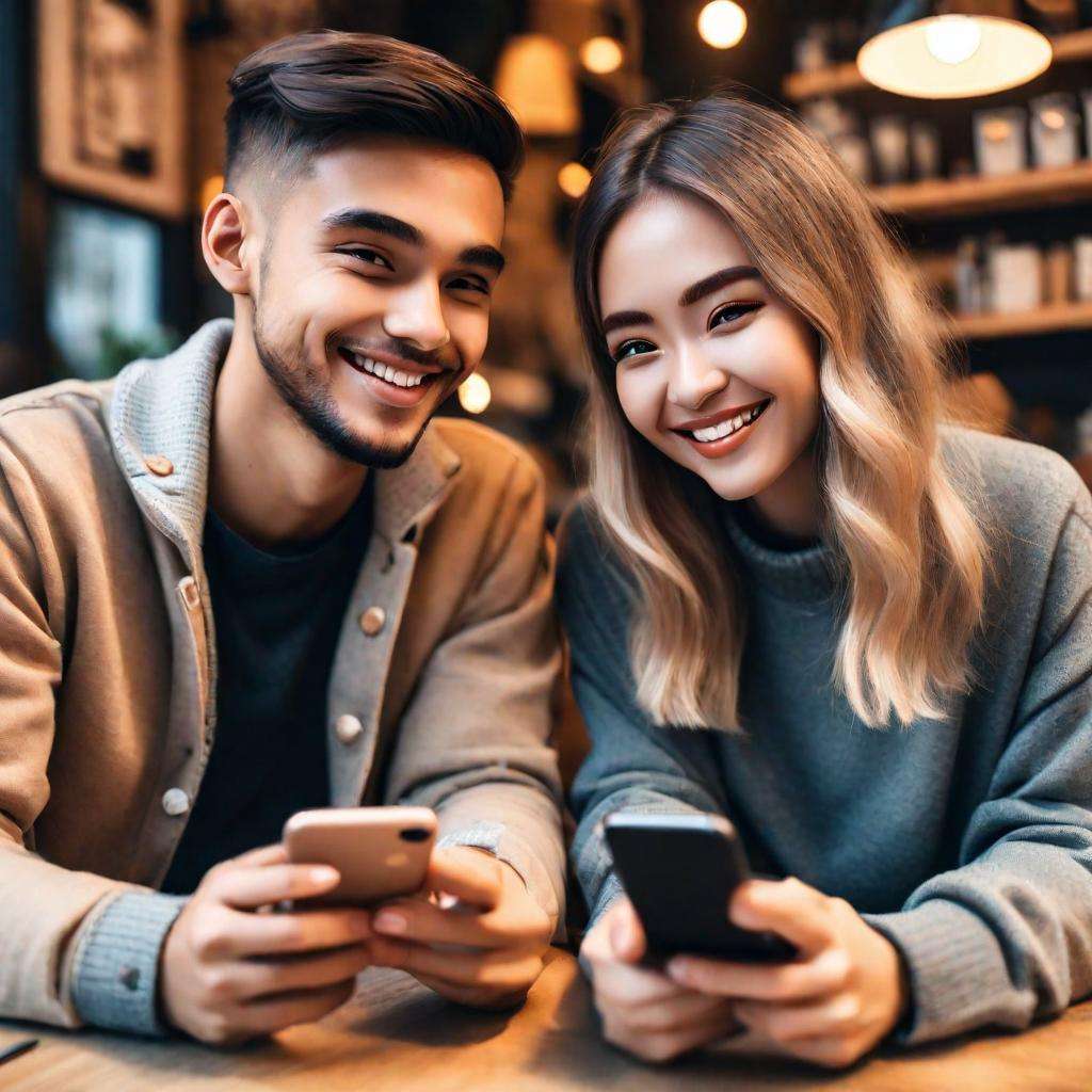 Young couple in a café using dating apps, emphasizing safe online dating practices.