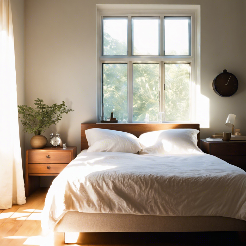 Serene bedroom with natural morning light, a glass of water, and an early morning alarm clock.