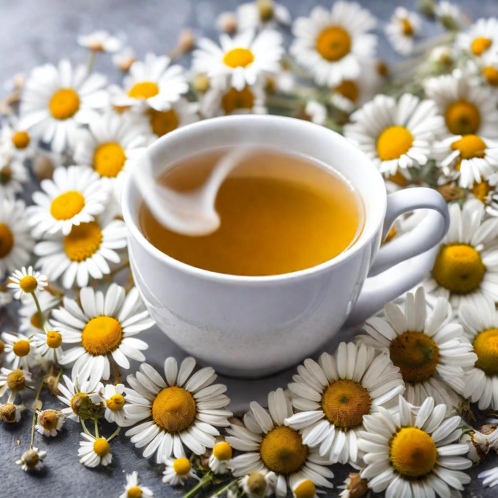 A steaming cup of chamomile tea surrounded by dried chamomile flowers, perfect for relaxation.