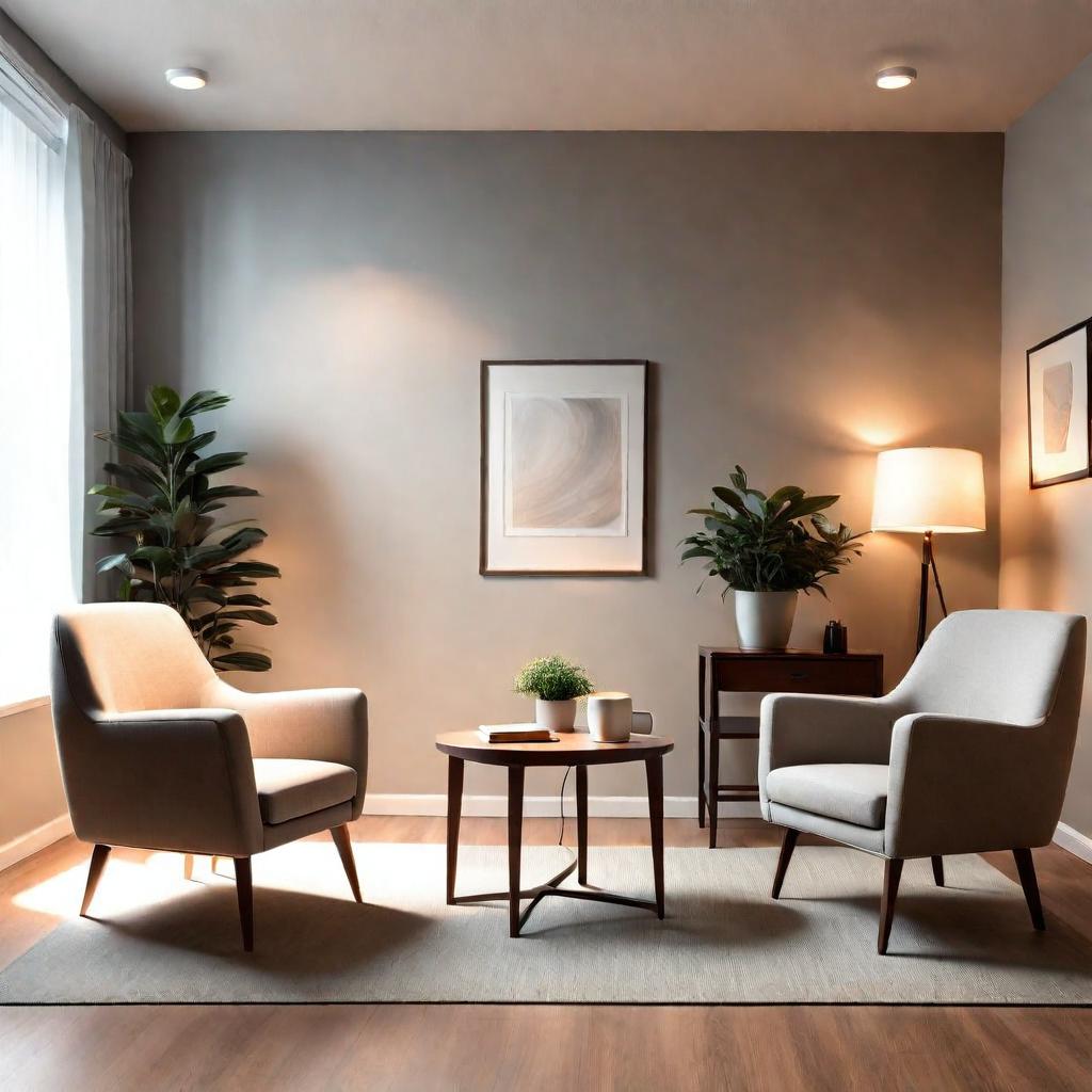 A therapist’s office with two chairs facing each other, representing a setting for couples therapy and sex therapy.