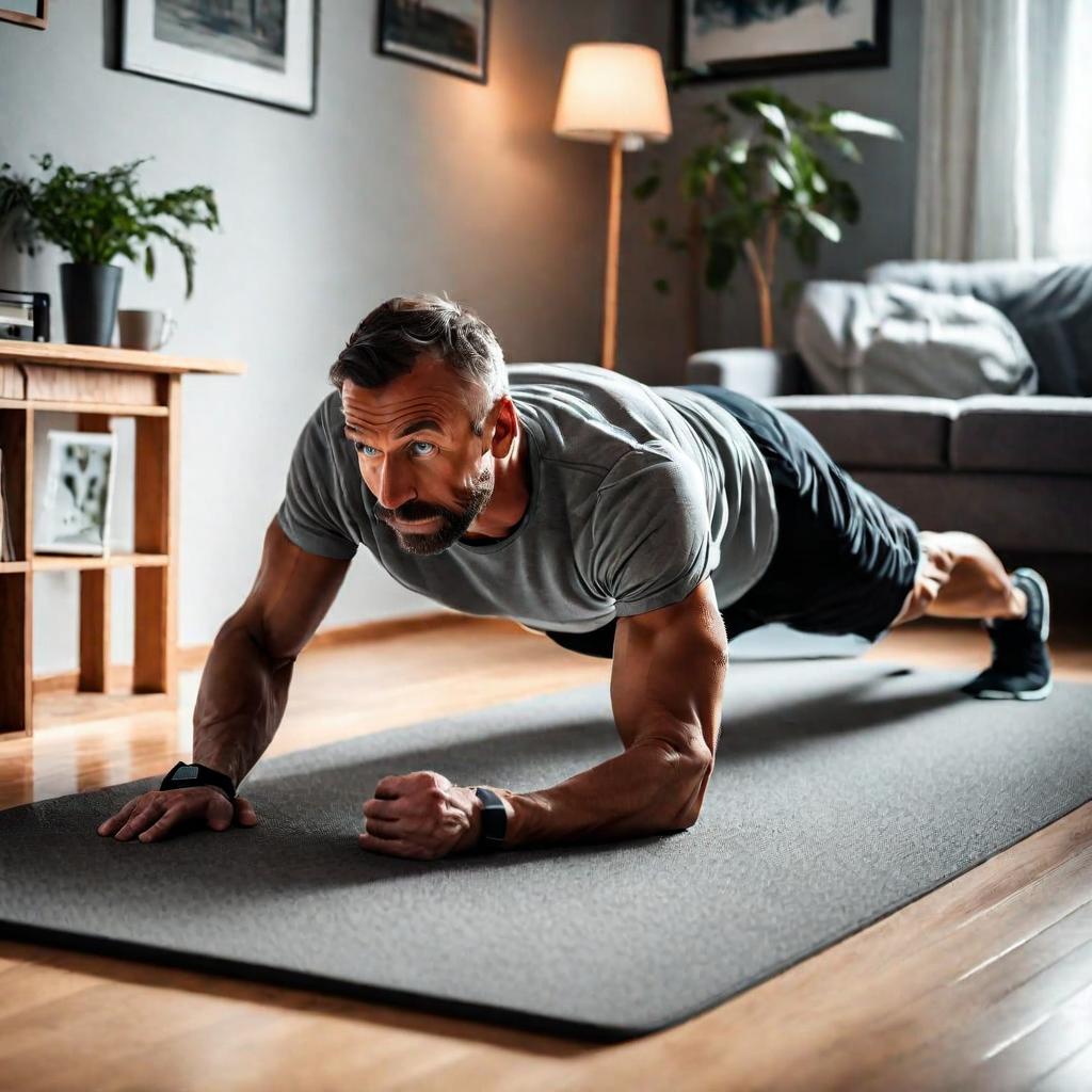 An individual doing a plank exercise at home, illustrating the convenience of 10-minute workouts without the need for gym equipment.