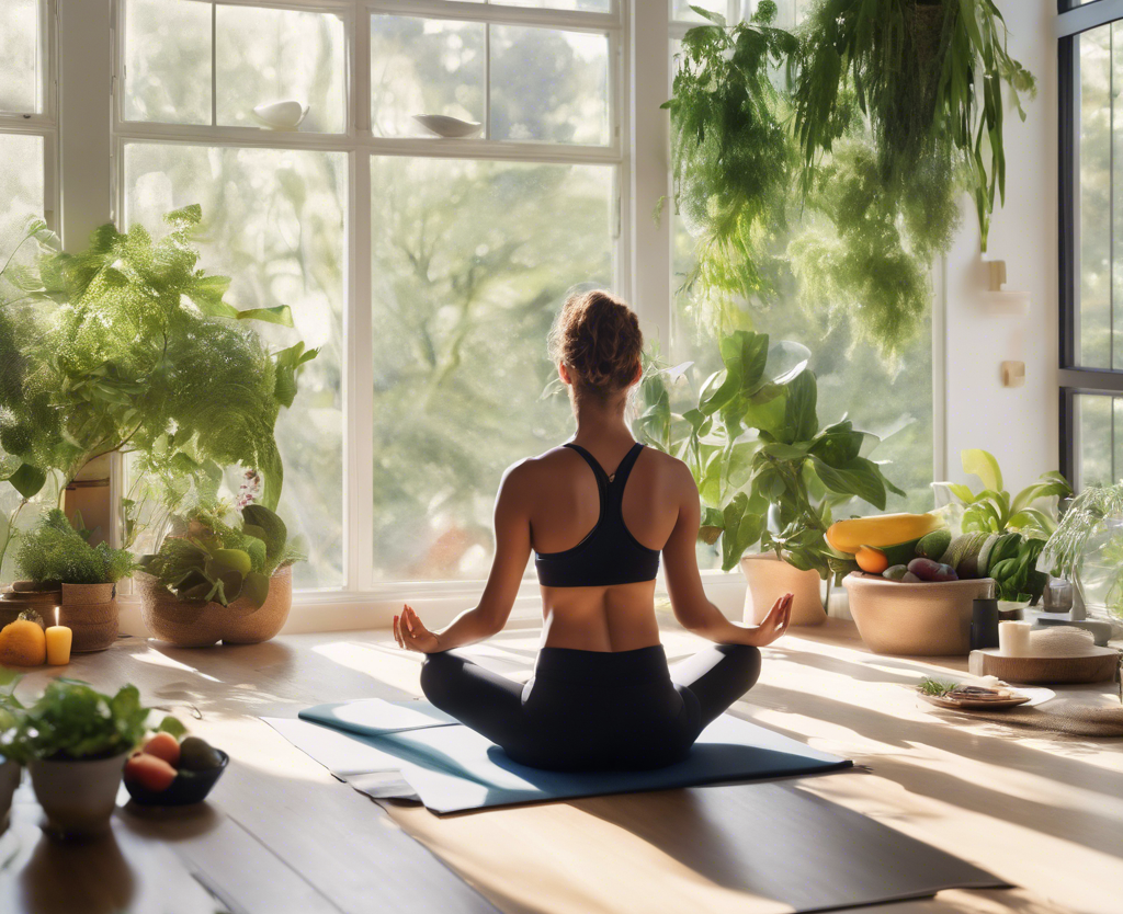 Person practicing yoga in a sunlit room with plants, fresh fruits, and a journal, highlighting a holistic lifestyle.