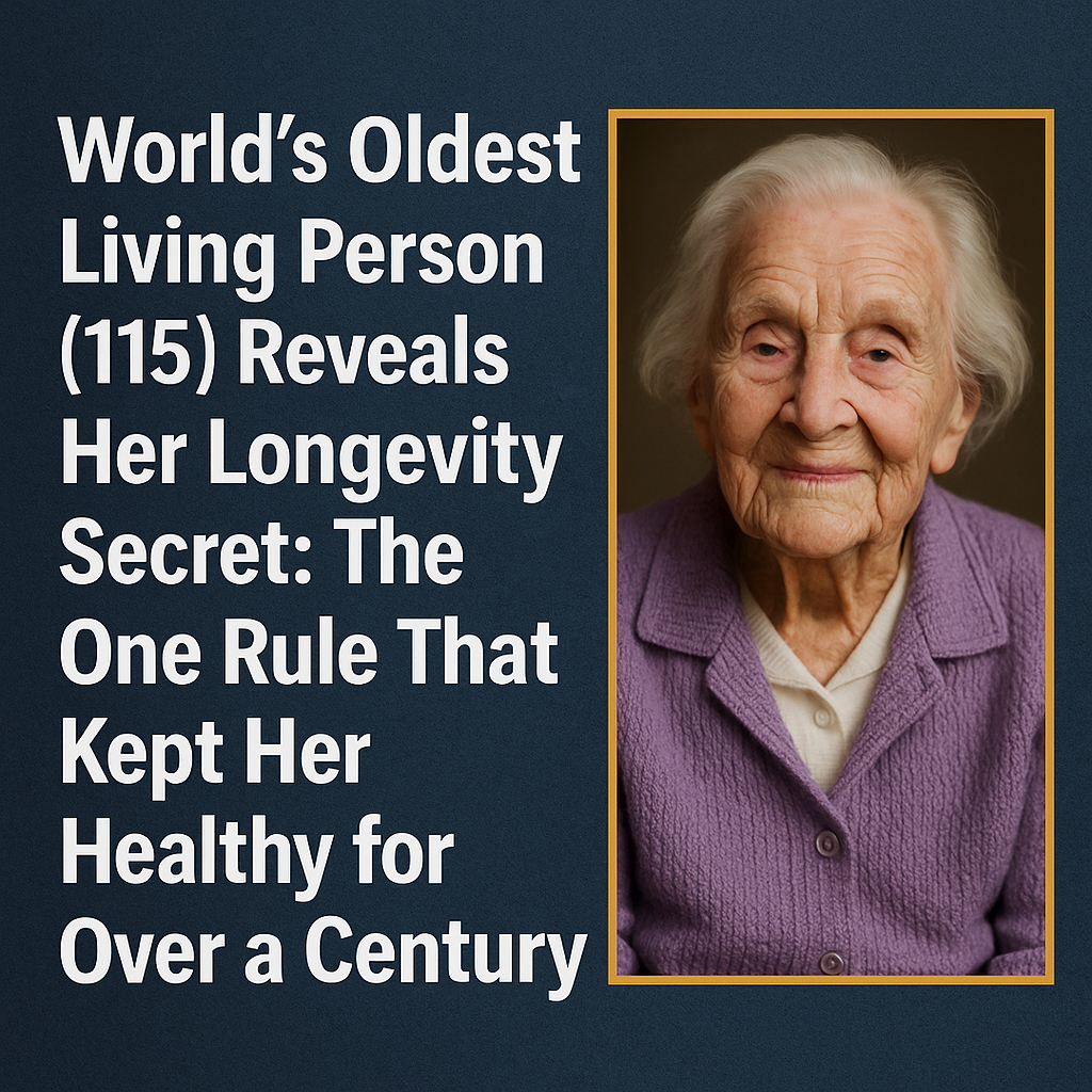 Joyful 115-year-old woman smiling with symbolic elements of longevity like sunrise, deep-rooted tree, timeless clock, and glowing heart, representing health, vitality, and the secret to a long life.