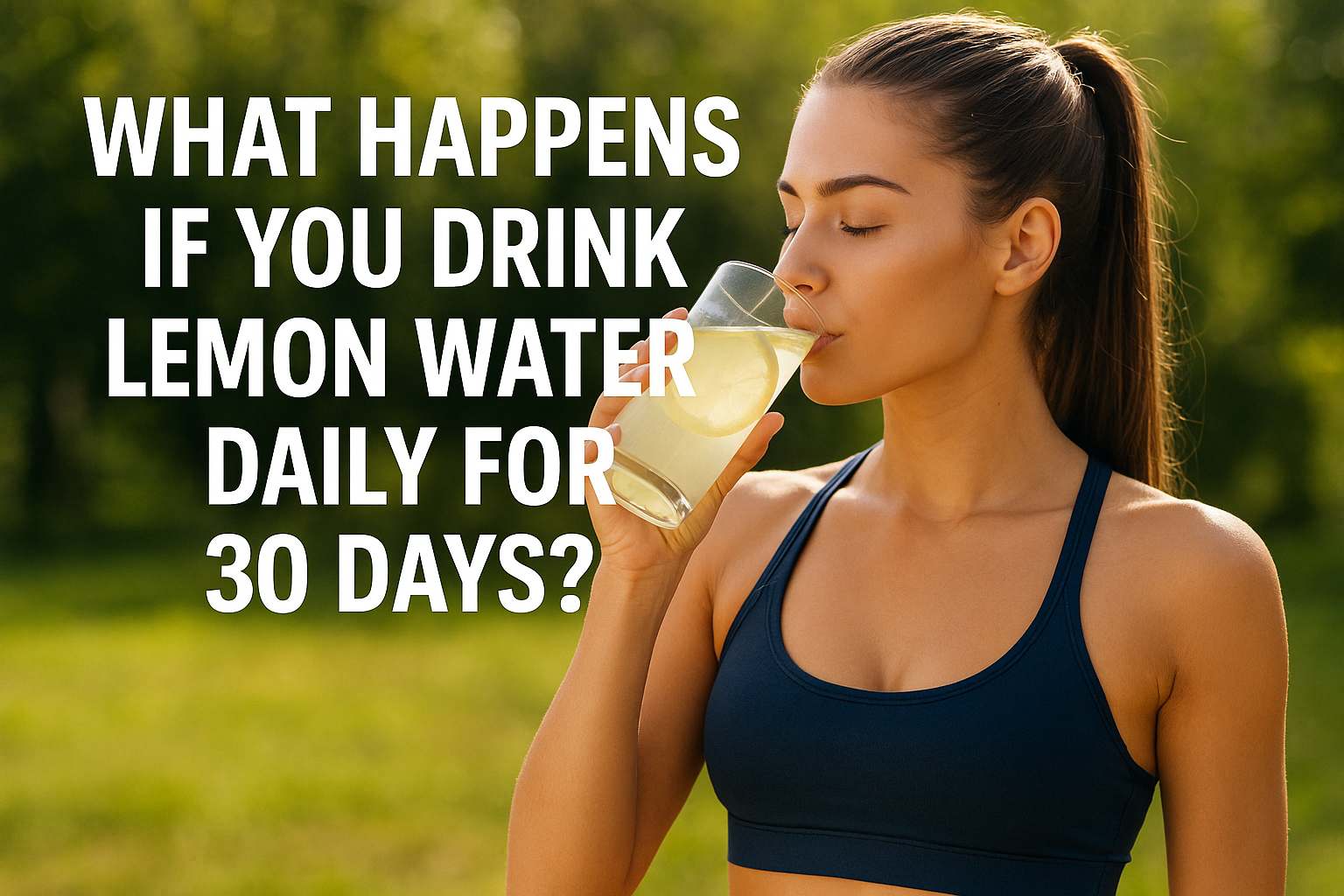 Fit young woman drinking lemon water outdoors in morning sunlight – promotes health, hydration, and glowing skin.